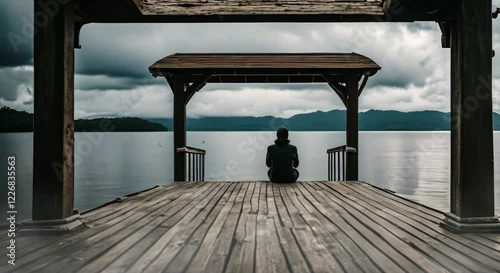 Solitary man looking at lake on tropical pier, looping 4k time-lapse virtual video animation Generated AI. Cinematic.