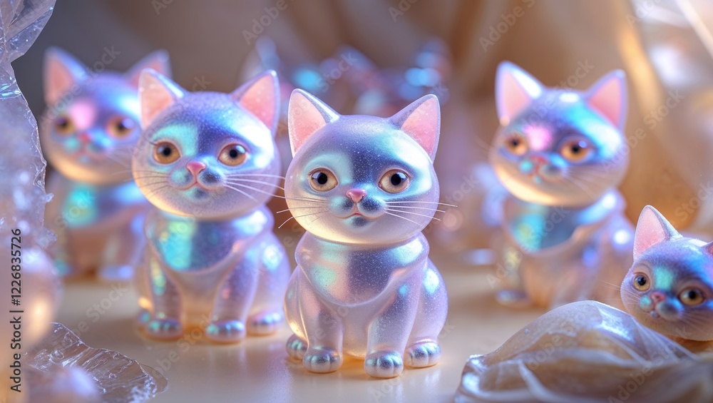Fototapeta premium Iridescent Cat Figurines Grouped Together on Cream Background with Soft Light