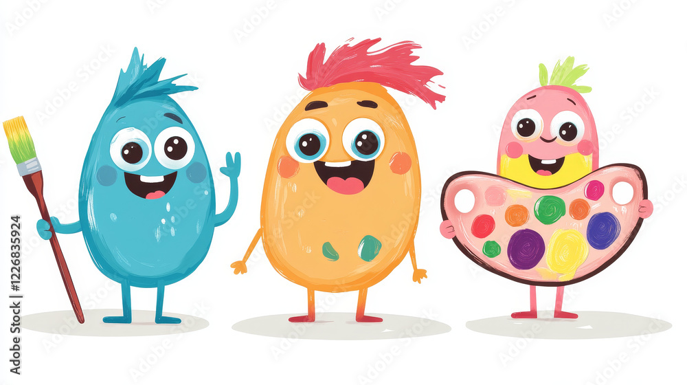 Cartoon brush and color palette characters. Back to school or art hobby happy smiling personages, isolated vector cheerful paint palette artist drawing model in studio with brush on easel Cartoon brush and color palette characters. Back to school or art hobby happy smiling personages, isolated vector cheerful paint palette artist drawing model in studio with brush on easel
