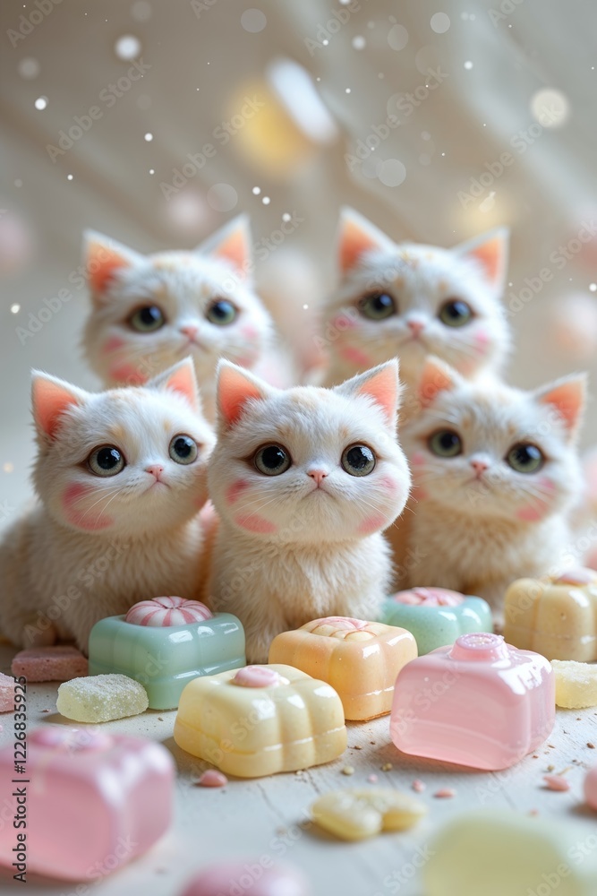 Fototapeta premium Five Adorable White Kittens With Pastel Candy Treats In Whimsical Soft Focus Setting