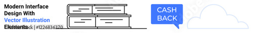 Books arranged in a neat stack, a speech bubble with cashback text, and a minimal cloud. Ideal for education, finance, technology, online services, e-learning, cloud computing and flat landing page