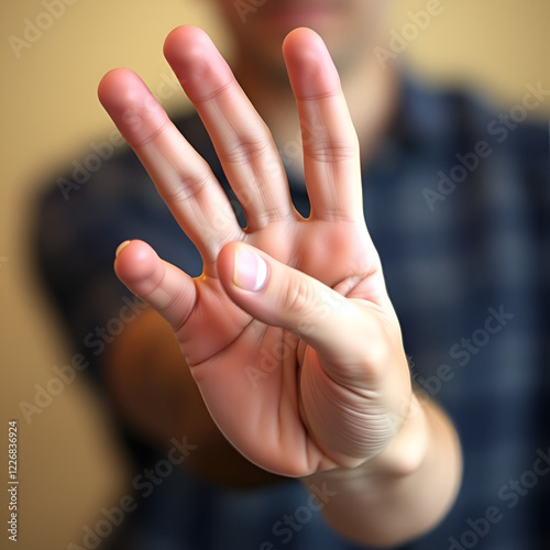 A person's hand assumes the ASL sign for 