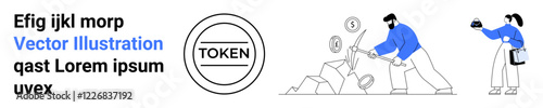 Miner breaking rocks for cryptocurrency, person holding tokens, circular token design. Ideal for blockchain, cryptocurrency, investments, fintech, digital wallets, financial startups flat landing