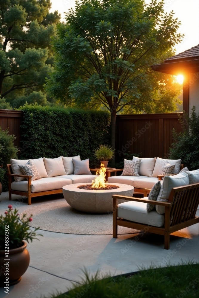 Serene Sunset Patio Scene with Warm Fire Pit and Comfortable Outdoor Furniture