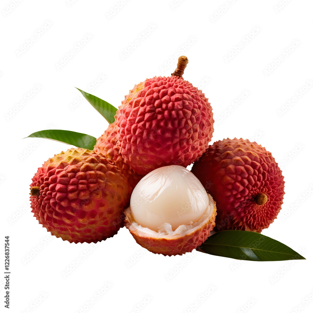Lychee Delight: A cluster of fresh, vibrant lychees, their bumpy, reddish-pink skin contrasting beautifully with the creamy white flesh of one that's been sliced open. Lychee Delight: A cluster of fresh, vibrant lychees, their bumpy, reddish-pink skin contrasting beautifully with the creamy white flesh of one that's been sliced open.