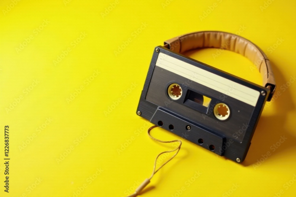 Obraz premium A vintage audio cassette tape rests beside stylish headphones on a vibrant yellow background, symbolizing the nostalgic charm of analog music technology