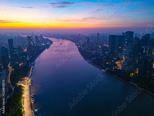 Photography Aerial view of shanghai skyline at dawn