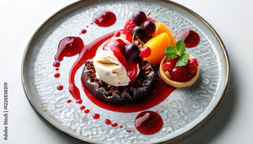 Exquisite dessert with ice cream and fresh fruits garnished with berry sauce Exquisite dessert with ice cream and fresh fruits garnished with berry sauce