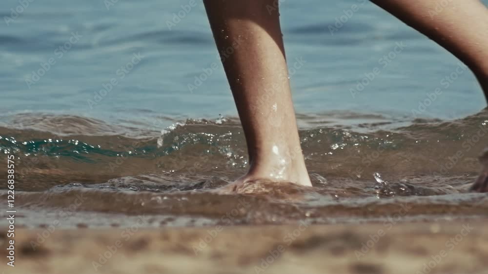 Man or woman with bare feet walks on the water along the seashore, close up shot of legs. Calm coastal waters. Pure chill concept of dream resort. Sharm El Sheikh, Egypt. Slow motion 4x Man or woman with bare feet walks on the water along the seashore, close up shot of legs. Calm coastal waters. Pure chill concept of dream resort. Sharm El Sheikh, Egypt. Slow motion 4x