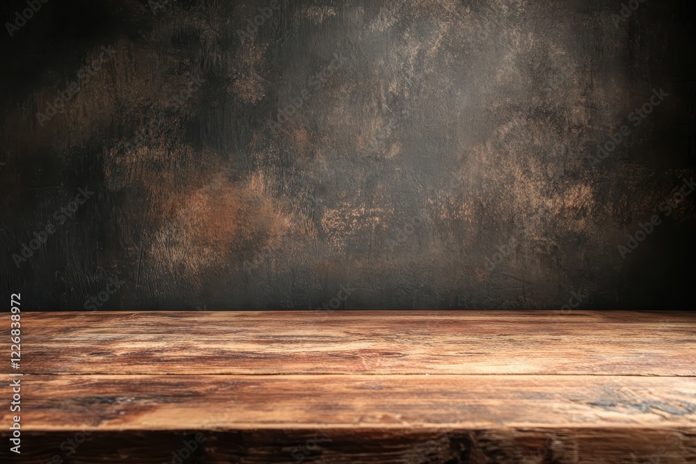 Rustic wooden table against dark textured wall background Rustic wooden table against dark textured wall background