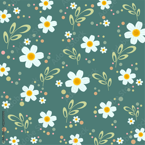 Seamless pattern with daisy flower and green leaves vector. Cute floral print.