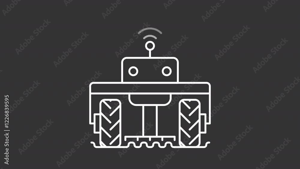 Animated agricultural robot white icon. Advanced farming automation line animation. Technologies in food production. Isolated illustration on dark background. Transition alpha video. Motion graphic Animated agricultural robot white icon. Advanced farming automation line animation. Technologies in food production. Isolated illustration on dark background. Transition alpha video. Motion graphic