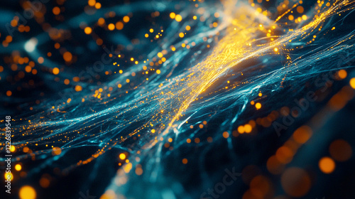 Abstract Digital Network with Glowing Orange and Blue Particles in Motion, Featuring Futuristic Technology Connections and Energy Flow for a Dynamic Sci-Fi Aesthetic photo