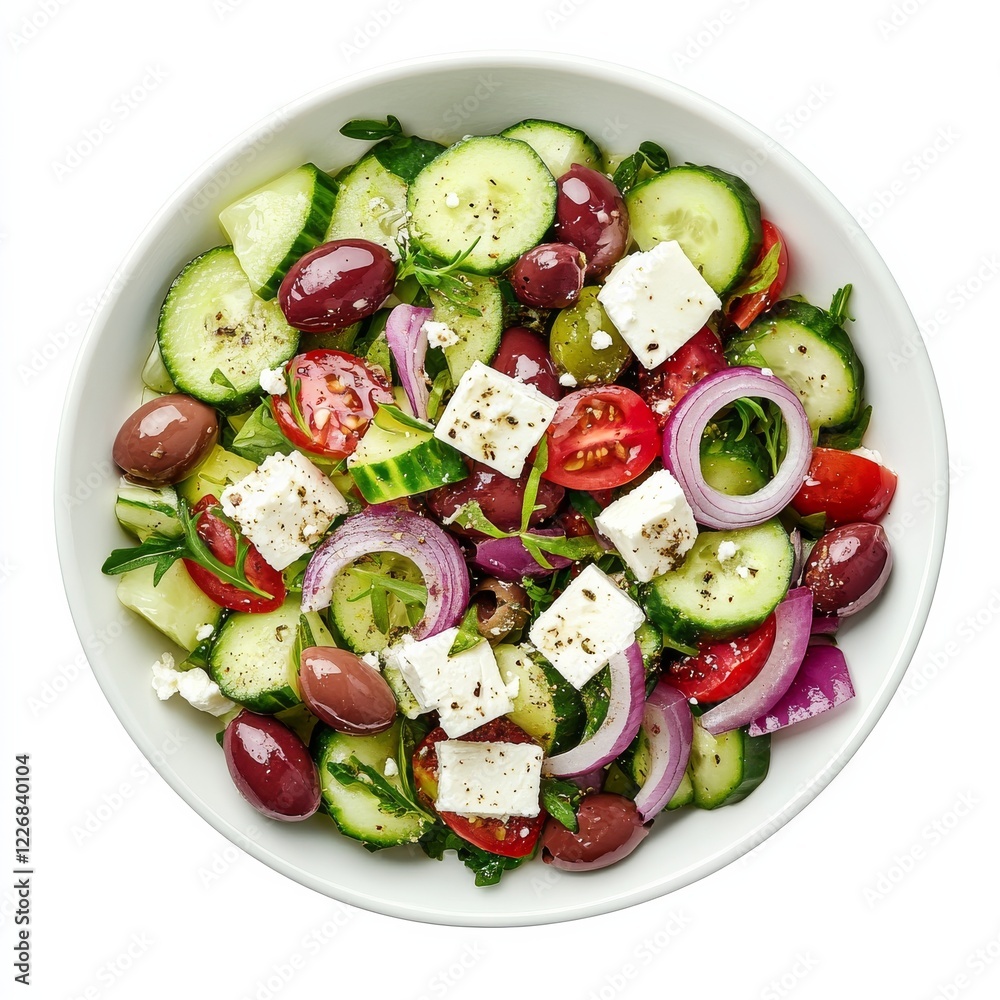 A crisp Greek salad with chopped cucumbers, Kalamata olives, feta cheese A crisp Greek salad with chopped cucumbers, Kalamata olives, feta cheese