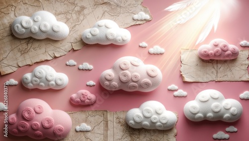 Pink and white fluffy clouds on aged map background with a bright light from above