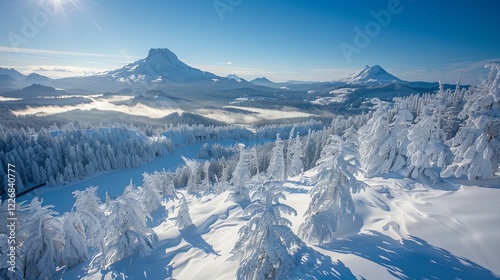 Snow covered mountains and evergreen forest in winter