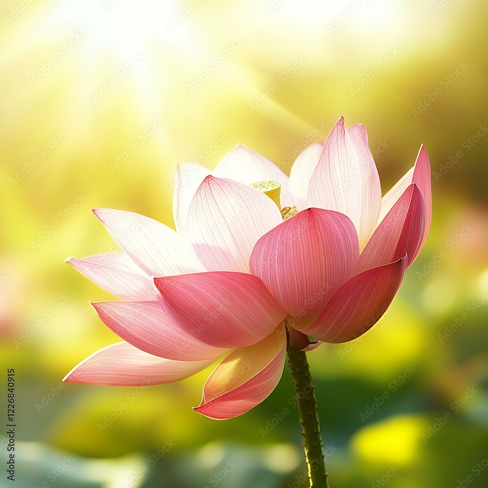 Fototapeta premium Serene Pink Lotus Flower in Sunlight Tranquil Nature Scene Botanical Beauty