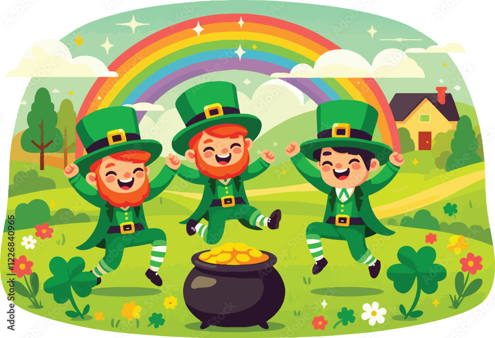 Obraz premium Three cheerful leprechauns dressed in traditional green outfits with tall hats, dancing around a pot of gold at the end of a rainbow. Include shamrocks and a vibrant countryside background 
