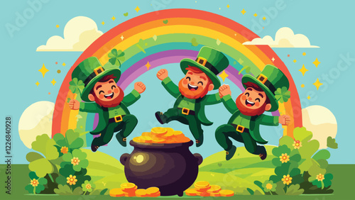 Three cheerful leprechauns dressed in traditional green outfits with tall hats, dancing around a pot of gold at the end of a rainbow. Include shamrocks and a vibrant countryside background 