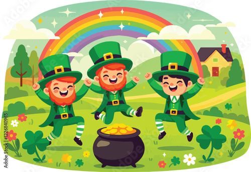 Three cheerful leprechauns dressed in traditional green outfits with tall hats, dancing around a pot of gold at the end of a rainbow. Include shamrocks and a vibrant countryside background 