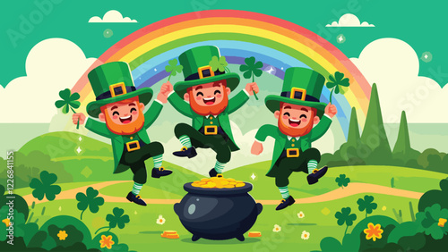 Three cheerful leprechauns dressed in traditional green outfits with tall hats, dancing around a pot of gold at the end of a rainbow. Include shamrocks and a vibrant countryside background 