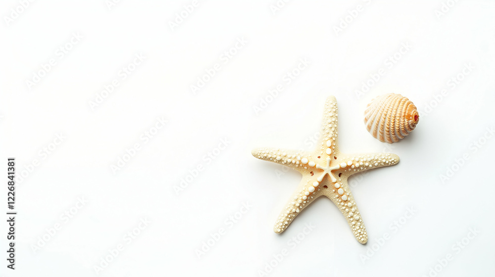 Starfish and seashell resting on a white surface in a coastal themed arrangement