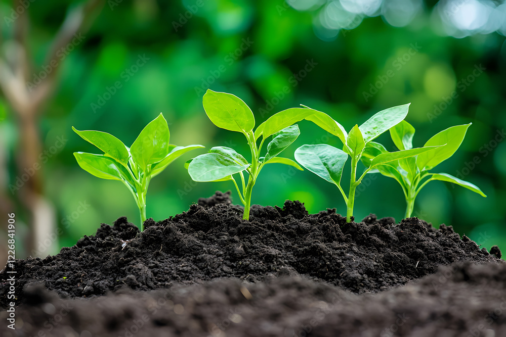 Green small sprout in a pile of soil. Seedling, growing from the soil