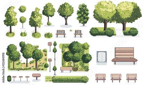 Minimalist City Park Vector Illustration with Trees Benches Paths and Landscaping Elements