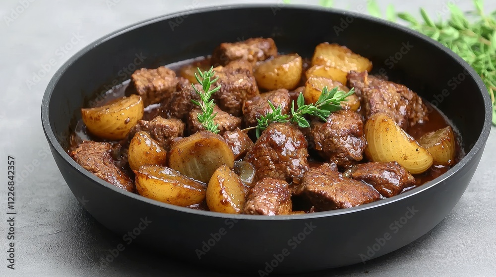 Famous Food of French concept. Delicious beef stew with potatoes and herbs in a black bowl, perfect for comforting meals. Famous Food of French concept. Delicious beef stew with potatoes and herbs in a black bowl, perfect for comforting meals.