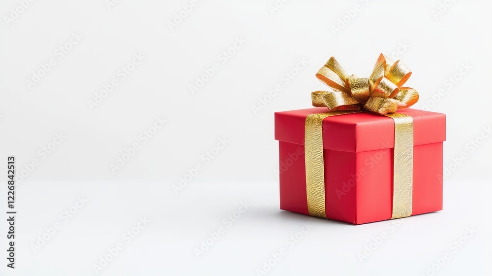 Fototapeta premium Red gift box with gold ribbon on white background; ideal for holidays or celebrations