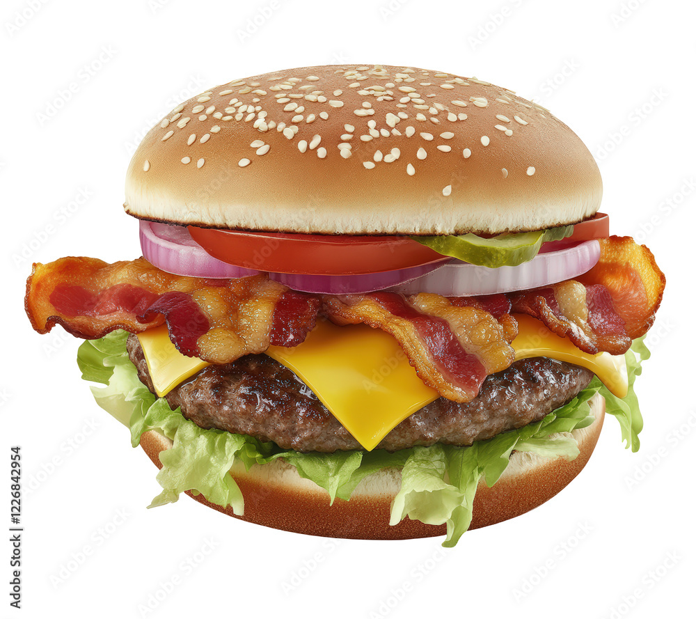 Isolated Hamburger with Bacon and Sesame Seed Bun Isolated Hamburger with Bacon and Sesame Seed Bun