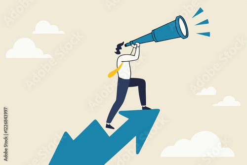 Business opportunity or investment and market prediction, future growth or career development vision, profit and earning forecast concept, businessman climb up rising arrow with big telescope spyglass