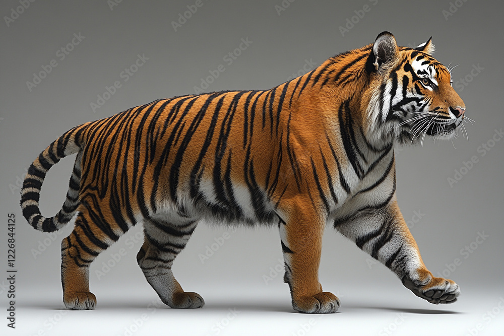 Fototapeta premium Majestic Tiger Walking Gracefully Across Plain Background