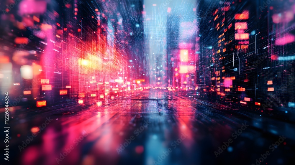 Fototapeta premium A Breathtaking Digital Portal Surrounded by Neon Skyscrapers in a Thriving Cyberpunk Metropolis