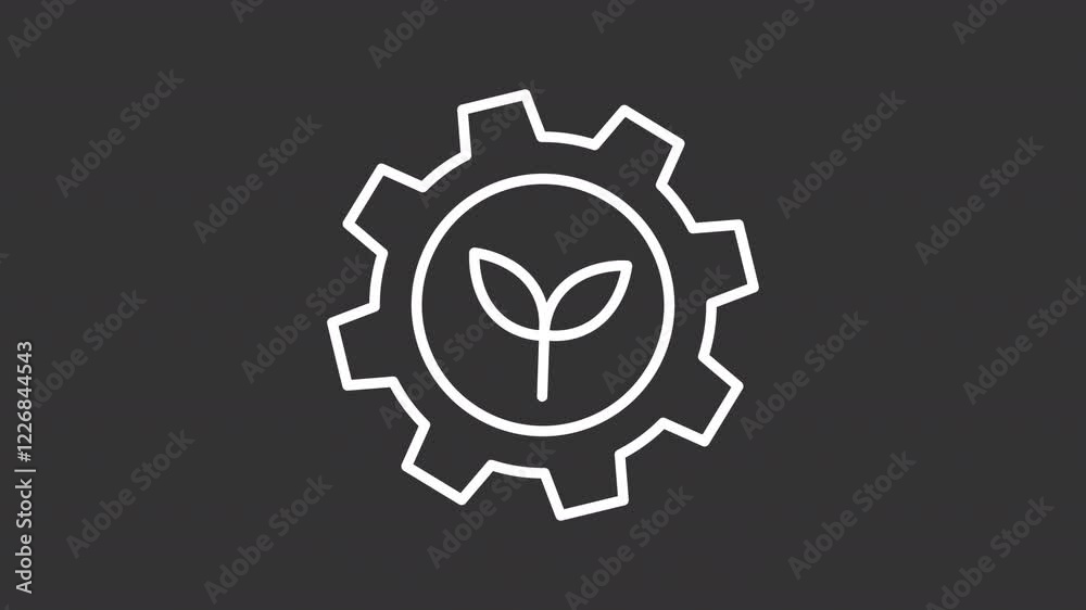 Sustainable technology white line animation. Animated gear and sprout icon. Eco-friendly engineering concept. Isolated illustration on dark background. Transition alpha video. Motion graphic Sustainable technology white line animation. Animated gear and sprout icon. Eco-friendly engineering concept. Isolated illustration on dark background. Transition alpha video. Motion graphic