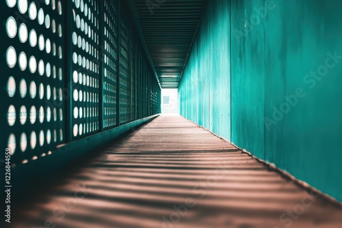 Teal walkway tunnel, perforated wall, sunlight, urban background, architectural