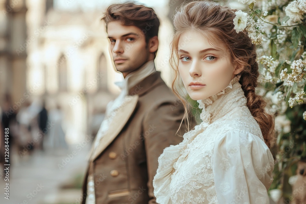 Fototapeta premium Elegant Couple Posing in Romantic Garden Setting