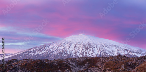 Landscape with the huge strato volcano Sneafelljökull on the Snæfellsnes peninsula, Iceland at sunset photo