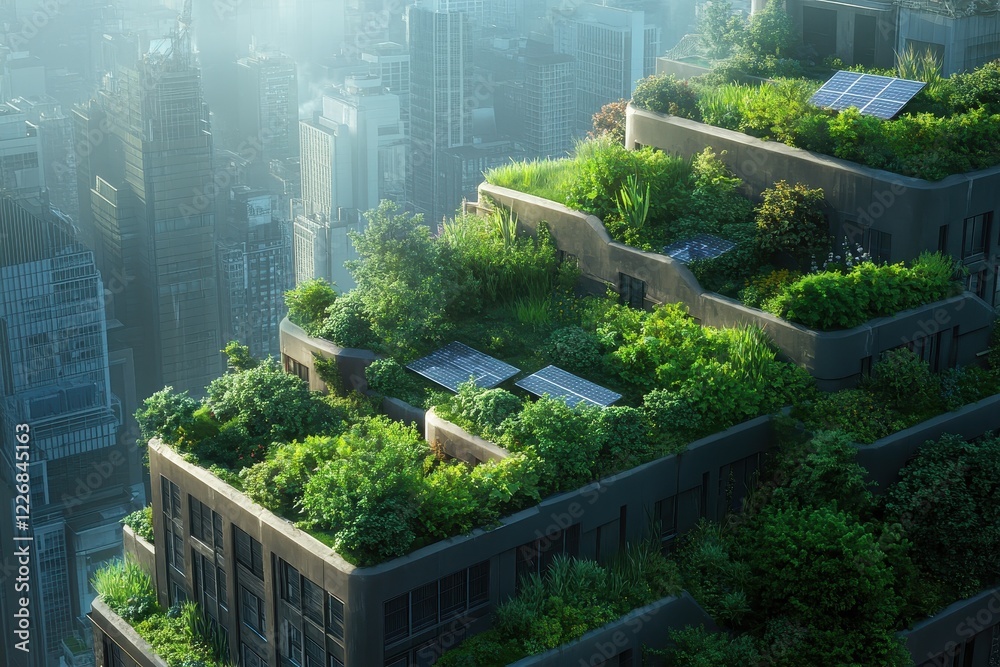 Modern Urban Cityscape Featuring Innovative Renewable Strategies Such as Green Roofs for Sustainable Living Modern Urban Cityscape Featuring Innovative Renewable Strategies Such as Green Roofs for Sustainable Living