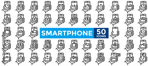  Smartphone icon collection set. Containing smartphone feature icons such as browser, location, chat, apps, gallery, weather, calculator. Simple line vector illustration.