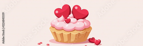 A Cupcake Or Tartlet With Pink Meringue Cream Is Decorated With Two Big Red Hearts And Small Heart Shape Candies. 00002