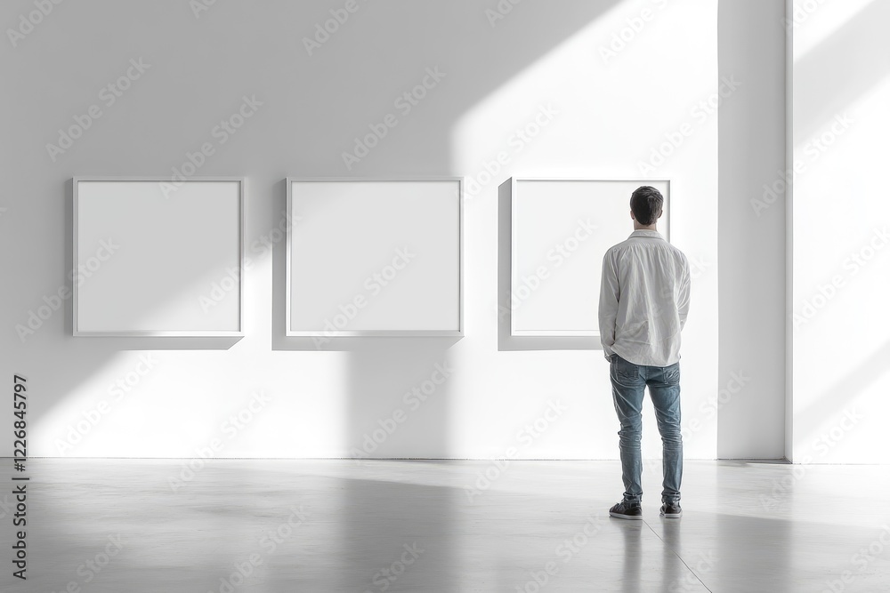 Man Observing Blank Artwork in Modern Gallery Man Observing Blank Artwork in Modern Gallery