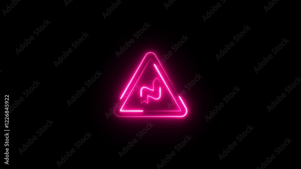 Neon triangular road sign animation. Glowing curves road sign. Triangle warning road sign. Road warning sign. Neon triangular road sign animation. Glowing curves road sign. Triangle warning road sign. Road warning sign.