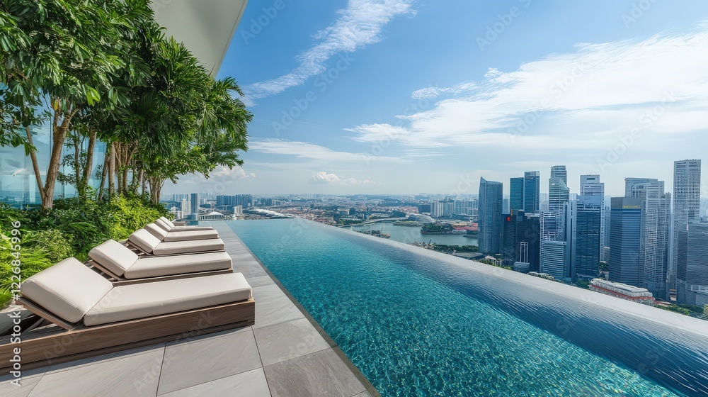 A penthouse rooftop pool with infinity edges, surrounded by greenery and breathtaking city views. A penthouse rooftop pool with infinity edges, surrounded by greenery and breathtaking city views.