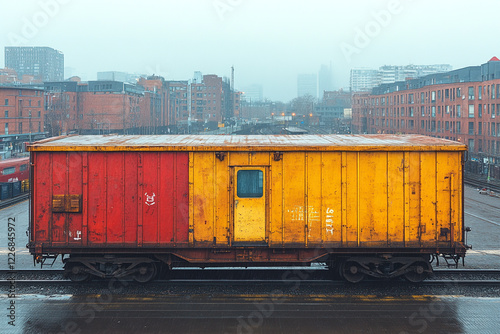 Red and yellow train cargo container in urban setting