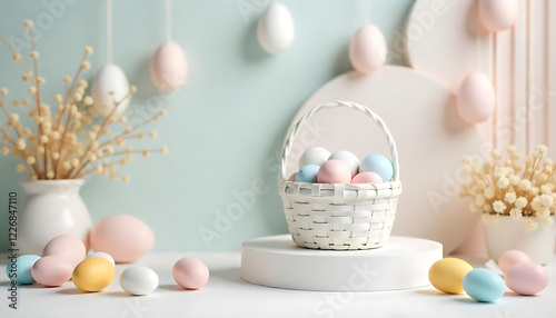 a white basket filled with colorful easter eggs, Easter celebration, Close-up of colorful easter eggs in abasket on table, easter 2025 banner, a template, header for website created with generative ai photo