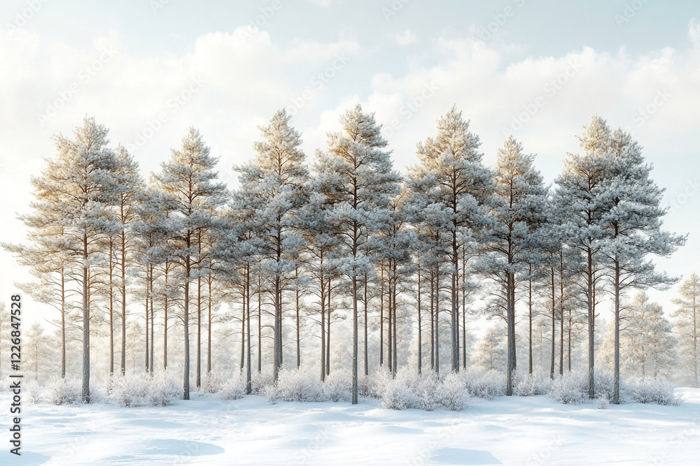 Snow covered pine trees stand in a winter forest scene Snow covered pine trees stand in a winter forest scene