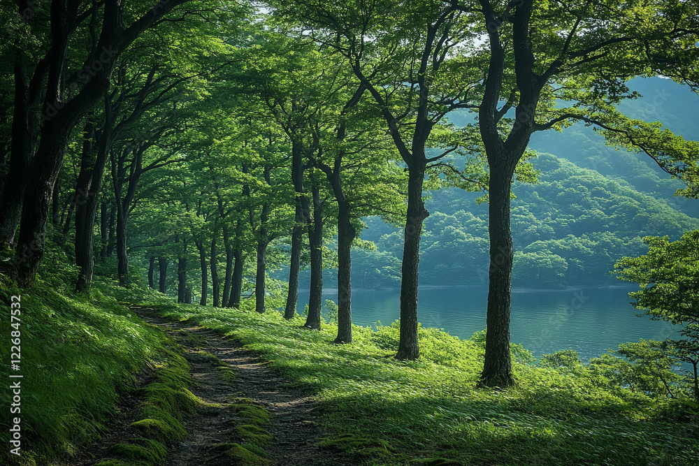 Fototapeta premium Serene Lakeside Path Through Lush Green Forest