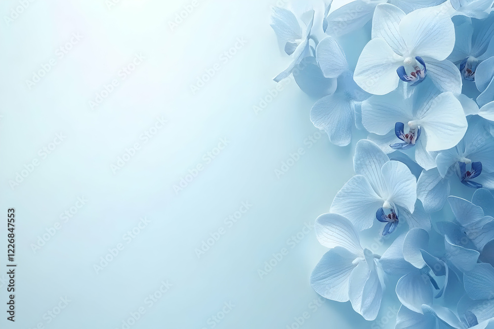 Fototapeta premium Serene pastel blue orchids arranged on a light blue background, leaving ample copy space. Ideal for elegant designs or feminine branding.