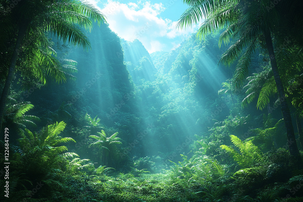 Fototapeta premium Lush Tropical Jungle Valley Sunbeams Filtering Through Canopy